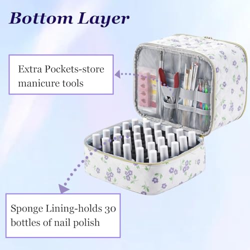 CTWWFS Nail Polish Organizer and Nail Lamp Case, Nail Kit Organizer Holds 30 Bottles (15ml - 0.5 fl.oz) and a Nail Lamp, Nail Polish Carrying Case with Manicure Tools Storage Sections (Purple Flower) - color: Purple Flower