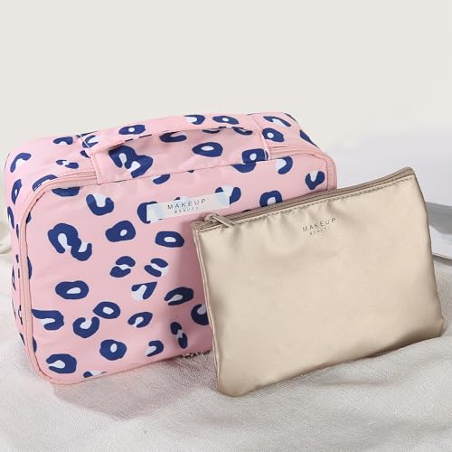 Queboom Travel Makeup Bag Cosmetic Bag Toiletry Bag for Women & Men - color: Pink Leopard-1pcs