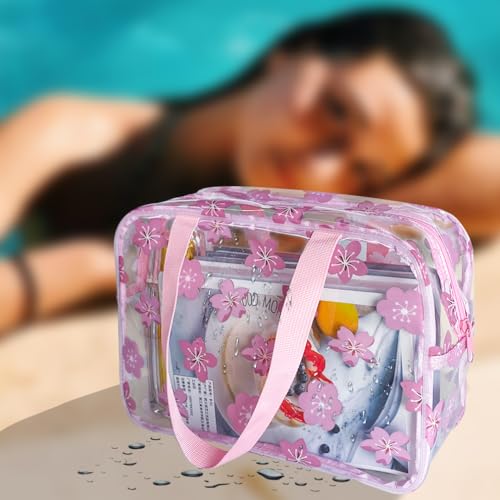 Clear Printed Floral Cosmetic Bag and Travel Pouch with Handle-Durable PVC Material,Versatile,Zipper Design for Smooth Sliding-Ideal for Makeup,Travel Essentials (Pink Floral#1-L) - color: A230023-5265-06-L