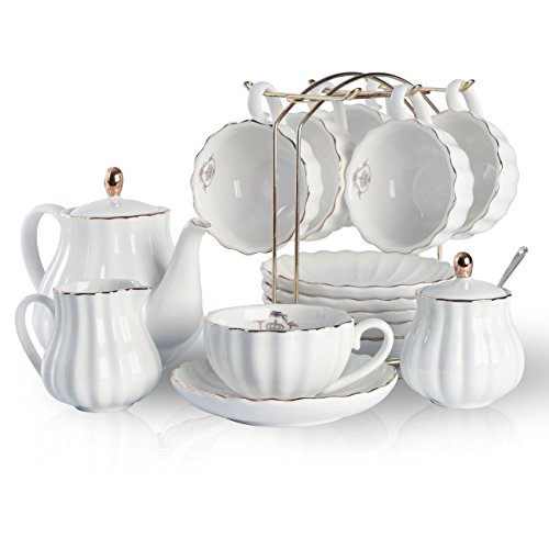Porcelain Tea Sets British Royal Series, 8 OZ Cups& Saucer Service for 6, with Teapot Sugar Bowl Cream Pitcher Teaspoons and tea strainer for Tea/Coffee, Pukka Home (Pure White) - color: White