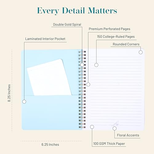 Happy Hoos® Aesthetic Spiral Notebook - 6.25" x 8.25" College Ruled Journal Notebook - Hard Cover Writing Journal for Work, School, Travel, More - Floral Notebook 8 Seasonal Designs (Frost & Flora) - color: Frost & Flora