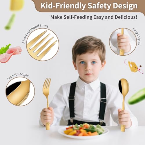DEHOV Gold Toddler Eating Utensils Set,Set Of 12 Food Grade Stainless Steel Silverware Sets For Kids,Dishwasher Safe Children Small Metal Spoons And Forks Flatware Sets - color: Gold