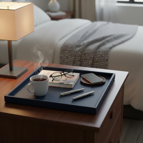 20 * 20 Inch Rectangular Ottoman Tray | Textured PU Leather, Waterproof & Heat-Resistant Storage for Coffee/Dining Tables, Sofa, Bed, Entertainment & Party (Navy Blue, 20 * 20in) - color: Navy Blue, size: 20" x 20" x 1.5"