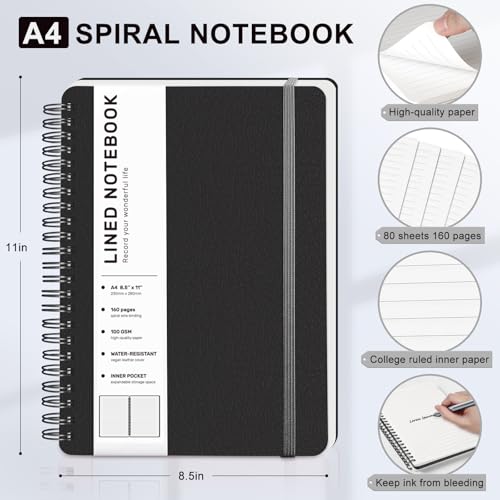 Lined Spiral Journal Notebook, A4 Hardcover Leather Notebook for Work, 8.5''×11'', 100GSM Thick Paper Spiral Bound Journaling Notebooks for Women & Men Office School Note Taking Business, Black - color: Black, size: A4