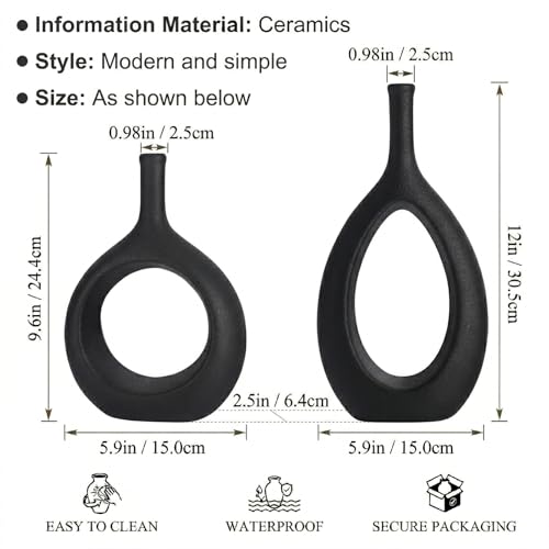 Black Ceramic Hollow Elliptical Vase Set of 2 - Boho Circle Vase with Hole, for Modern Black Table Decor, Living Room Decor Shelf mid Century Modern Home Entrance Decorative vase - color: Black