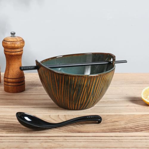 Ceramic Ramen Bowl with Chopsticks and Spoons Set, 6.7 Inch Noodle Bowl Set for Pho Udon Soba, Set of 2 (Ocean Blue) - color: Ocean Blue