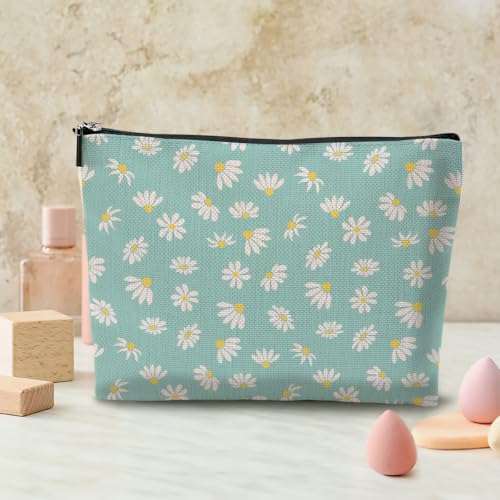Boho Makeup Bag, Blue Daisy Floral Makeup Organizer Cosmetic Bags for Women - color: CuteDaisy01