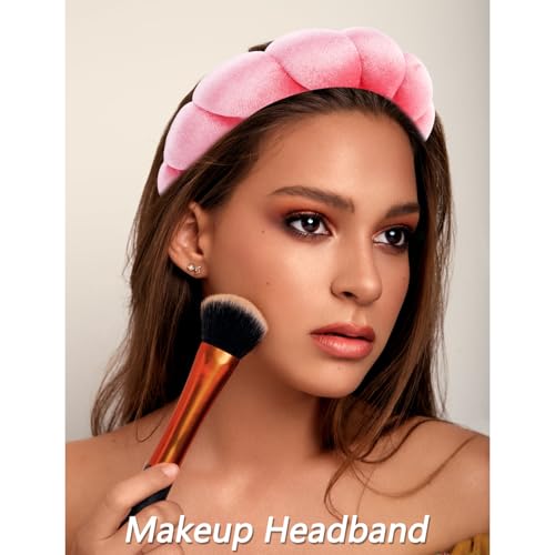 VELSCRUN Spa Headband, Makeup Face Wash Skincare Headbands, 5 Pcs Pink Colorful Sponge Bow Tie Get Ready HairBand Facial Wristband Hair Clips Set, Stuff for Teen Girls Women Trendy Hair Accessories - color: Hot Pink Colorful