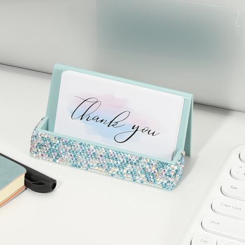 PATIKIL Business Card Holder for Desk, Rhinestone Business Card Holders Crystal Card Stand Organizer Cards Display for Office Exhibition, Blue - color: Blue