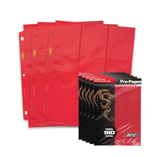 BCW Double-Sided 9-Pocket Pages Holder - 50 Red Pages | Trading Card Binder Sheets | Secure Side Loading | Ideal Card Storage and Display Solution - color: Red