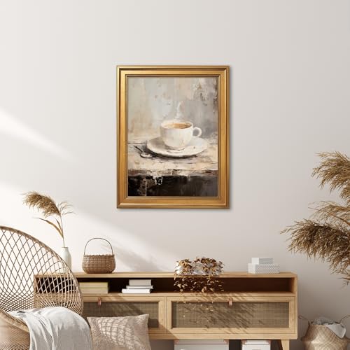 EQUEEN Vintage Coffee Cup Poster Kitchen Wall Art Farmhouse Wall Decor Rustic Painting Canvas Print For Kitchen Dining Room16x24inch Golden frame - color: style-1, size: 16"L x 24"W