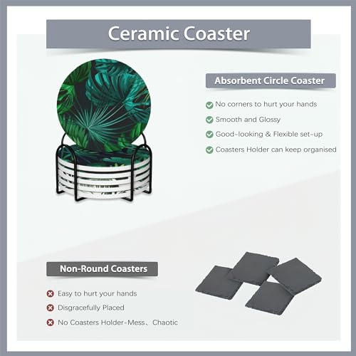 Drink Coasters Set of 6 with Holder,Tropical Palm Leaves Green Absorbent Ceramic Coasters with Cork Base,Fit All Cups,Tabletop Protection Mat for Mugs and Cups,Office,Kitchen - color: Tropical Palm Leaves Green