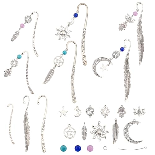 SUNNYCLUE DIY 6 Set Leaf Metal Hook Bookmarks Making Kit 6pcs Leaf Tibetan Style Alloy Bookmark with Feather Moon Sun Lotus Alloy Pendants & Turquoise Beads for DIY Book Marks Making - color: Diy 6 Sets Magic Hook Bookmarks Antique Silver