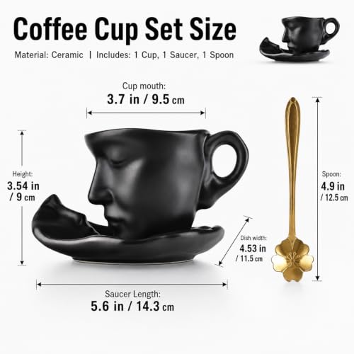 Tea Cup and Saucer Set Ceramic Kissing Couple Coffee Mug Set With Spoon Face Coffee Cup Unique Teacup and Saucer Valentine's Day Christmas Creative Gift - color: Black