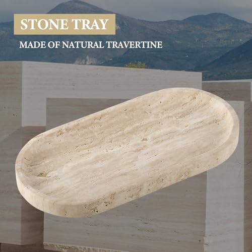 Koville Natural Marble Tray for Bathroom Counter, 10" x 5" Travertine Marble Storage Trays for Perfume, Cosmetics, Jewelry, Vanity Tray Stone Trays for Home, Decorative Tray for Dresser Organizer - color: Travertine