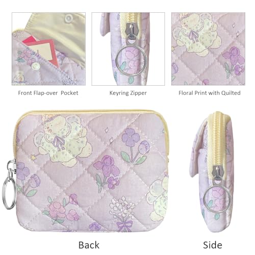 Cute Prints Cotton Quilted Coin Purse for Women Girls - color: PURPLE BOUQUET