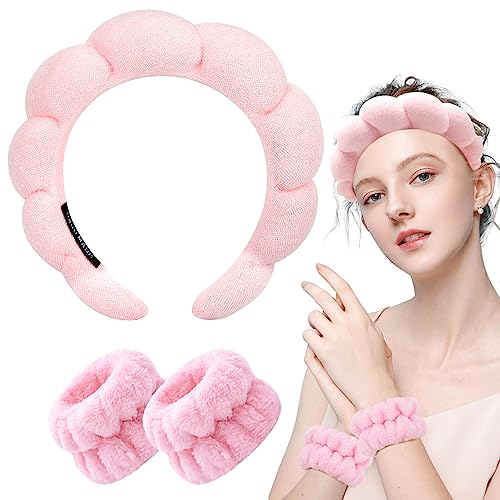 Zkptops Spa Headbands for Women Face Washing Wristband Sponge Makeup,Pink - color: Pink