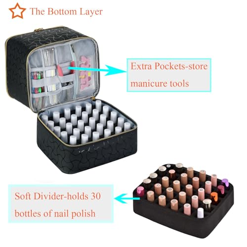 CTWWFS Nail Polish Organizer and Nail Lamp Case, Nail Kit Organizer Holds 30 Bottles (15ml - 0.5 fl.oz) and a Nail Lamp, Nail Polish Carrying Case with Manicure Tools Storage Sections (B-Black) - color: B-Black