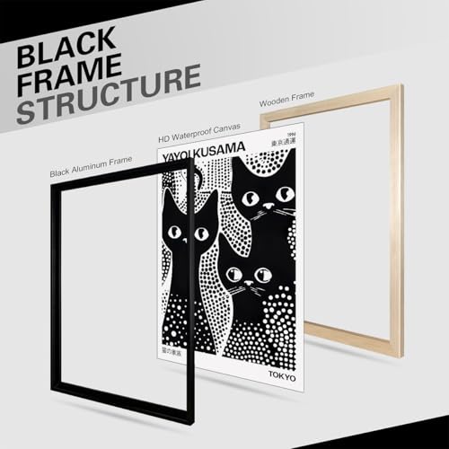 Cute Black Cat Poster Japanese Yayoi Kusama Wall Art 08x10 inch Black Framed Trendy Animal Canvas Prints for Bedroom Dorm Wall Decor Cat Lover Gifts - color: Trendy 5-BFramed, size: 10"L x 8"W