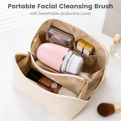 Facial Cleansing Brush, Mini Electric Face Scrubber, Waterproof Face Exfoliator Brush for Deep Cleansing, Portable Face Wash Brush for Travel, Easy to Carry, with 3 Brushheads for Women Mom Men