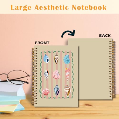 JINYO Beige Striped Beach Notebook, Ocean Seashell Conch Journal, Coastal Beachy Nautical Journal, Beach Supplies for Women, Cute Ocean Spiral Notebooks 5.5x8.3 Inch - color: white Striped Beach Notebook