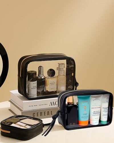 3Pcs Travel Clear Makeup Bag Set for Women, Transparent Toiletry Bag with Zipper Portable Makeup Pouch Organizer Waterproof Small Cosmetic Bag Compact Car Bag Organizer Car Accessories (Black Set) - color: Black Set