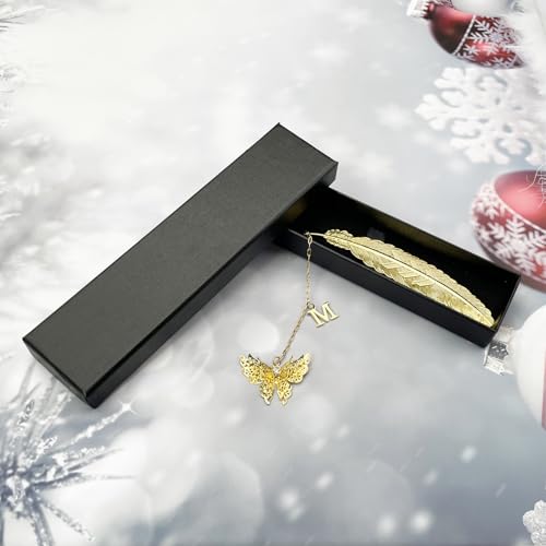 Initial Letter and Butterfly Charm Metal Feather Bookmark (Gold-M) - style: Gold-M