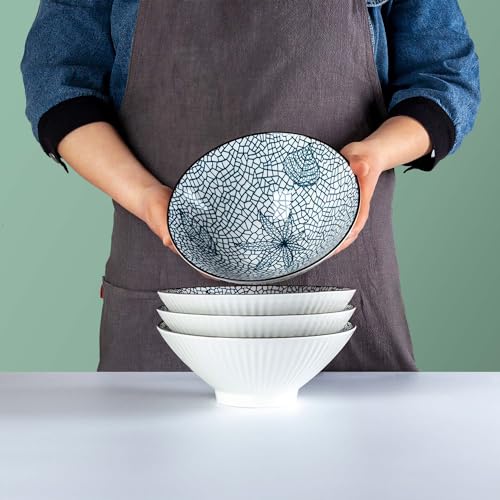 38 oz Japanese Ramen Bowls Set of 4, Large Pho Bowls, 8 Inch Ceramic Blue and White Soup Bowls, Leaf Pattern - color: Leaf Pattern