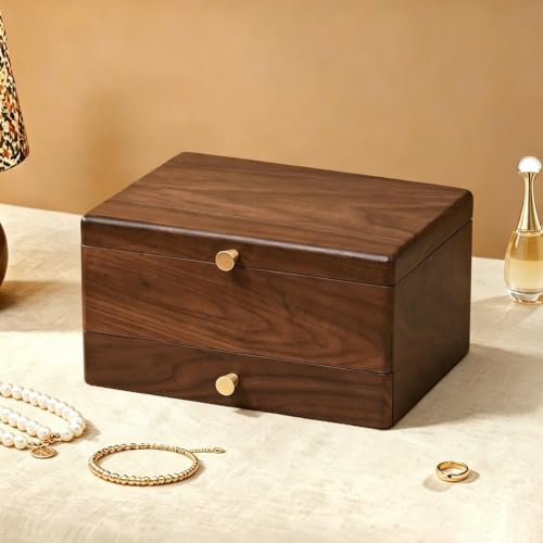Black Walnut Wooden Jewelry Box for Women, 3 Layer Organizer with Drawer - color: 3 Layer
