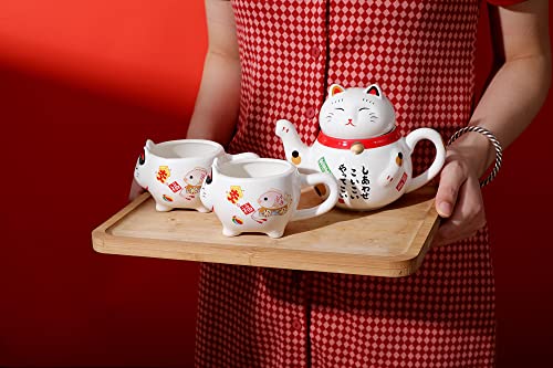Japanese Lucky Cat Tea Set Ceramic Maneki Neko Teapot 2 Cups Red Scarf Gift
