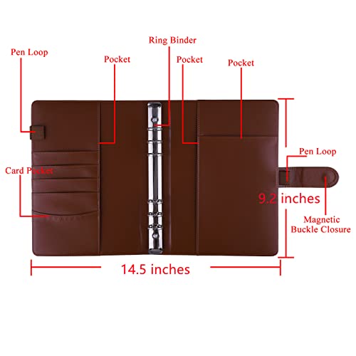 Antner A5 Binder 6 Ring Refillable Notebook Planner Cover for A5 Refill Paper, PU Leather Small Binder Budget Planner Photocard Holder Loose Leaf Personal Organizer with Magnetic Buckle, Brown - color: Brown