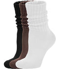 AugRing Women's Scrunch Crew Socks Retro 3-Pack Solid Cotton Boot Calf Chunky Ribbed Cozy Slouchy Socks Size 5-11 - color: 3 Pack White/Black/Brown