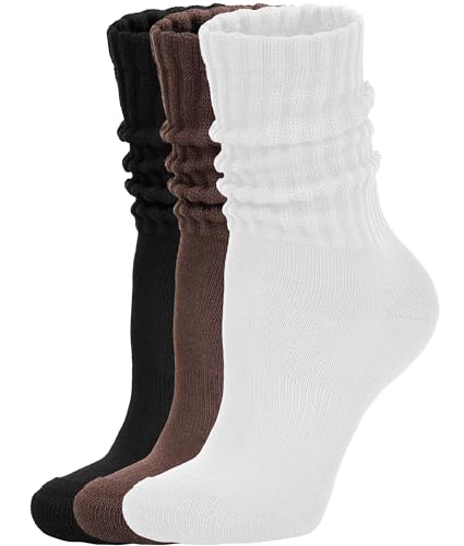 AugRing Women's Scrunch Crew Socks Retro 3-Pack Solid Cotton Boot Calf Chunky Ribbed Cozy Slouchy Socks Size 5-11 - color: 3 Pack White/Black/Brown