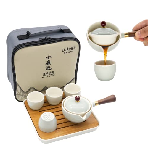 LURRIER Porcelain Chinese Gongfu Tea Set,Portable Teapot Set with 360 Rotation Tea maker and Infuser,Portable All in One Gift Bag for Travel,Home,Gifting,Outdoor and Office (Cyan Grey) - color: Cyan Grey