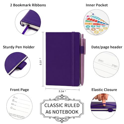 feela 3 Pack Pocket Notebook Journals, Mini Cute Small Journal Notebook Bulk Hardcover College Ruled Notepad with Pen Holder for Office School Supplies, with 3 Black Pens, 3.5”x 5.5”, A6, Purple - color: 3 Purple