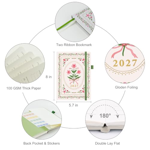 &And Per Se 2027 Planner, 12-Month Monthly & Weekly, 2027 Calendar Planner with 100gsm Paper, A5 Hardcover Faux Leather, 5.7" x 8" (Ribbon Bloom) - color: Ribbon Bloom, size: 5.7" x 8"(Jan 2027-Dec 2027)