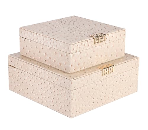 HofferRuffer Square Decorative Boxes, Set of 2 Nesting Storage Memory Keepsake Boxes with Lids, Stylish PU Leather Trinket Jewelry Organizer Box for Home Decor and Storage (CreamWhite Ostrich) - color: CreamWhite Ostrich