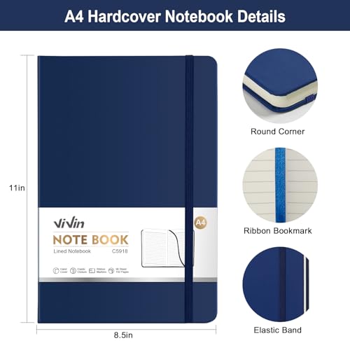 ViVin A4 Hardcover Lined Notebook,8.5x11 192 pg College Ruled Leather - color: Navy Blue, size: A4