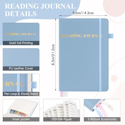 AKONEGE Reading Journal for Book Tracking - PU Leather Book Journal Reading Log with 80 Reviews for Readers, Accessories with Sticky Tabs, Pen Holder, Ribbon Bookmarks, 5.6" x 8.3", Light Blue - color: Light Blue