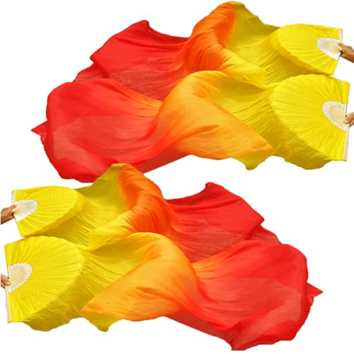 BRYCTSISEN Silk Belly Dance Fan Veil 2 Pairs Long Performance Folding Fan - color: Gradual Yellow