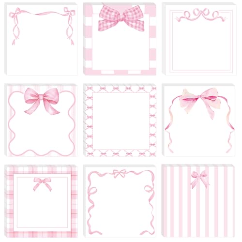 FYSUIMU 9Pcs Pink Bow Sticky Notes Watercolor Bowknot Square Self Adhesive Notepad Removable Memo Pad or Home Classroom Office Party Decor
