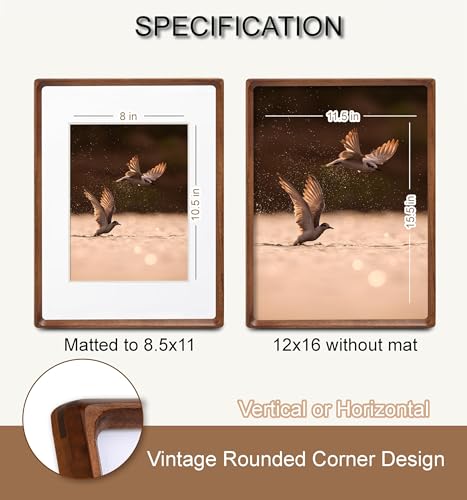 12x16 Picture Frame, USA-Sourced Natural Walnut Wood with Plexiglass, Handcrafted Rounded Corners, Matted to 8.5x11 Photo, Horizontal and Vertical Gallery Wall Poster Frame - color: Walnut, size: 12X16