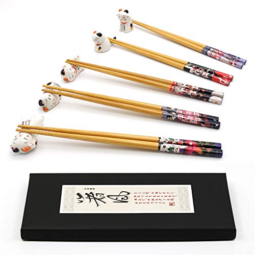 5-Pair Bamboo Chopsticks Set with 5 Ceramic Lucky Cat Rests, Gift Set