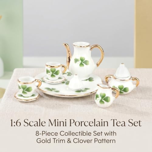 Miniature Tea Set 1/6 Scale Dollhouse Accessories Porcelain Lucky Clovey - color: Lucky Clover
