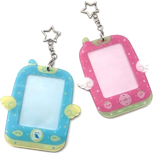 Wing-Shaped Photocard Holder Keychain -2 Pack Clear Acrylic Protective Sleeves for 2.32x3.5 Inch Photos and ID Cards - color: Blue,rose Pink