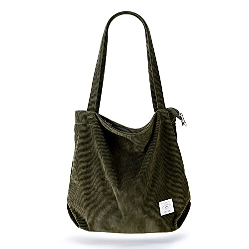 KALIDI Women Corduroy Tote Bag Zipper Casual Tote's Handbag Big Capacity Shoulder Bag with Pockets - color: Army Green