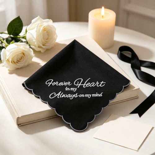 Black Cotton Funeral Handkerchiefs, Embroidered Memorial Handkerchief Gifts - color: Forever in My Heart -3pcs