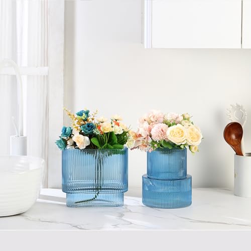 Blue Glass Vases, Set of 2 Ribbed Vases for Flowers, Blue Vase for Tulips, Modern Glass Vase for Living Room, Dining Table, Office, Entryway, Mantle, Bookshelf, Wedding Gifts - color: Blue, size: Large+Oval