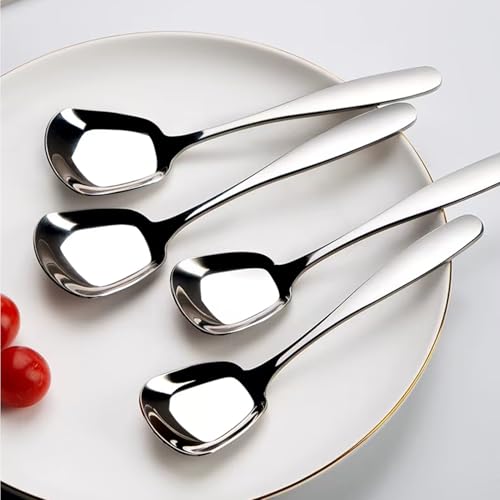 Square Head Soup Spoons, Korean Style Thick Heavy Square Dessert Spoon,Long Handled Stainless Steel Soup Spoons Table Spoons Flat Square Spoon,Set of 4,7 Inches.
