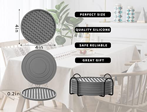 Coasters for Drinks 6 Pack Drinking Coasters with Holder,Heat Resistant Silicone Cup Mat Tabletop Protection,Non-Slip Rubber Coaster for Kinds of Cups (Grey) - color: Gray
